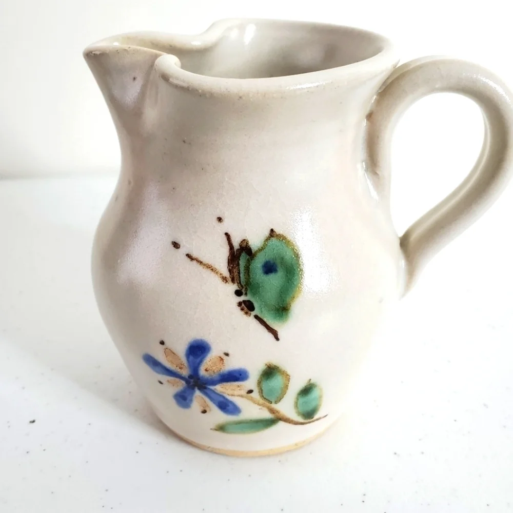 Vintage Dover Pottery Pitcher Artist Signed DBG 1984 Floral Butterfly Vase‎